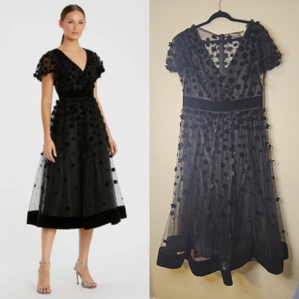 Mac Duggal Embellished Mesh Midi Dress with Butterfly Sleeves & Velvet Trim